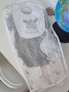 Gray & White Baby Bodysuit Set (5 Pieces) with Bib and Mittens